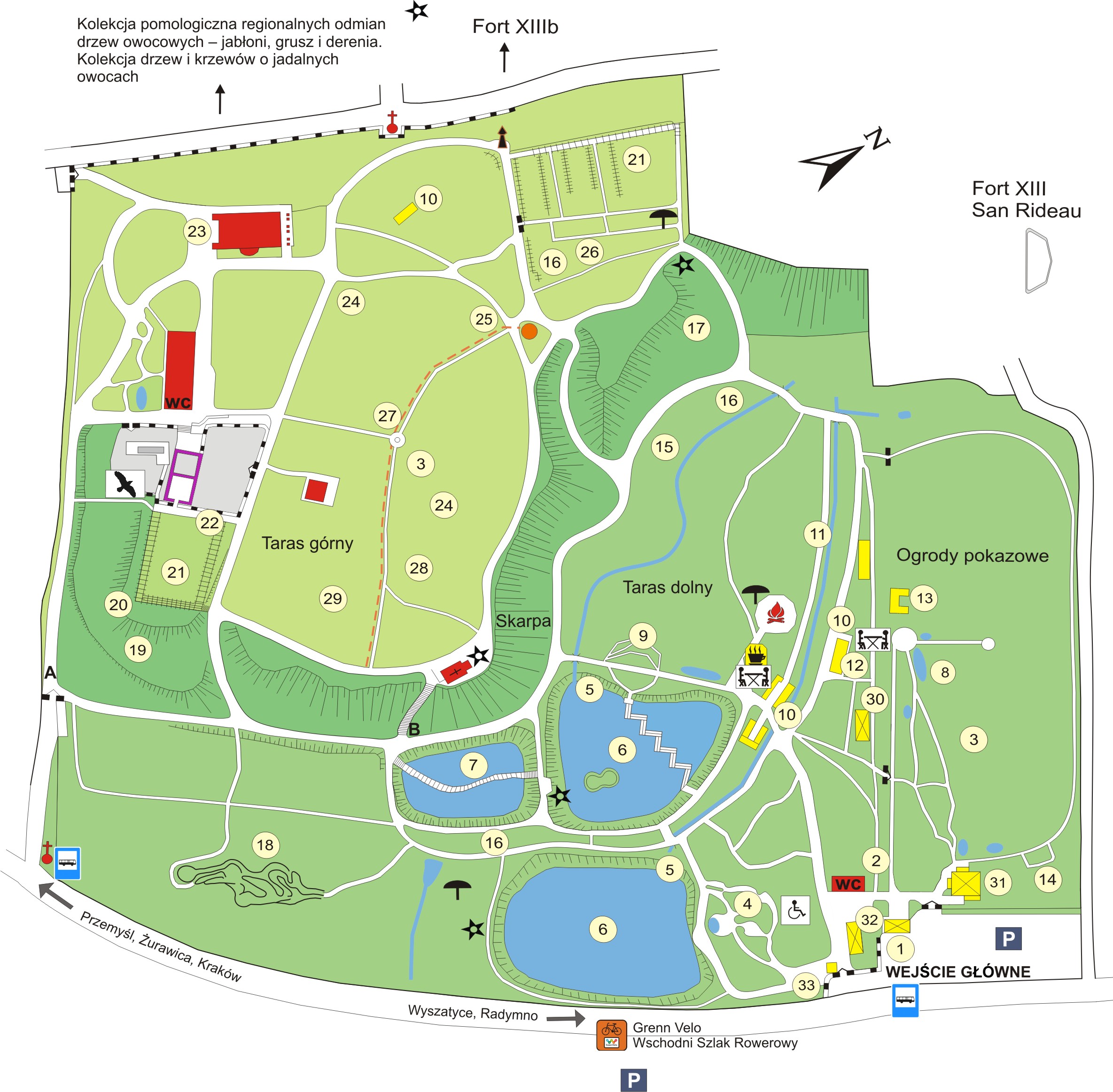 mapa ogrodu z charakterystycznymi i ciekawymi do zwiedzania punktami