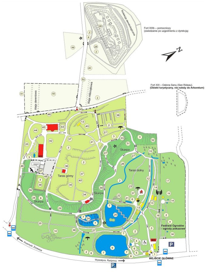 Mapa przedstawia plan Arboretum z nanisionymi punktami nawigacyjnymi.